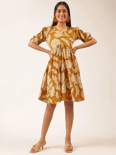 Image of Vbuyz Women's Floral Print Flared Cotton Beige Stitched Dress