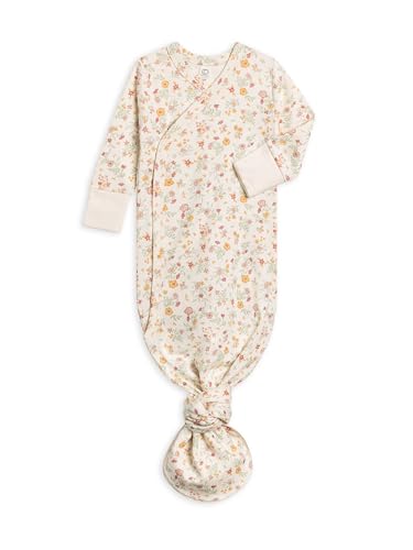 Image of Colored Organics Baby Organic Cotton Knotted Gown - Infant Kimono Gown with Mitten Cuffs - Bianca Floral/Berry - 0-3M