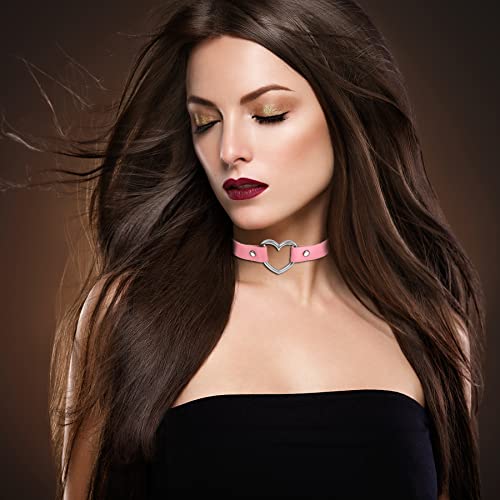 Flongo Choker Leder Halsband Lederhalsband Damen, Leder Halskette Halsband Anhänger Choker Tattoo Kette Pink Silber Herz Einstellbar Verstellbar Gothic Punk Rock Damen