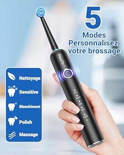 Spazzolino da denti elettrico rotante per adulti, spazzolino da denti rotanti con 8 testine di spazzola, spazzolino da denti elettrico da viaggio, nero opaco, Cepillo de Dientes