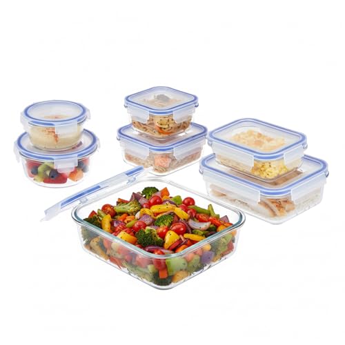 Image of Amazon Brand - Solimo Glass Food Storage Container Set, Pack of 7, Airtight & Leakproof, Microwave & Freezer Safe, Transparent