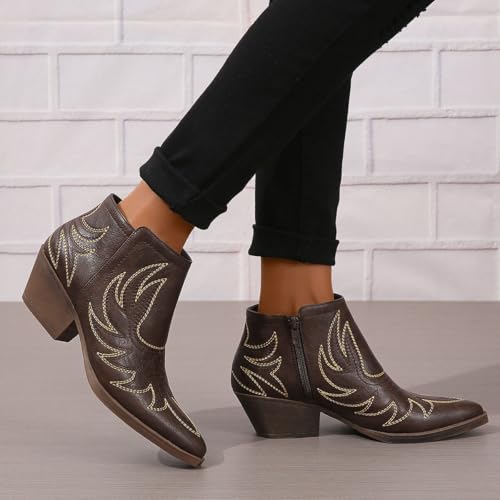 Cowboy Boots for Women Ankle Cowgirl Western Embroidered Stitched Pointed Toe Chunky Heels Country Booties2