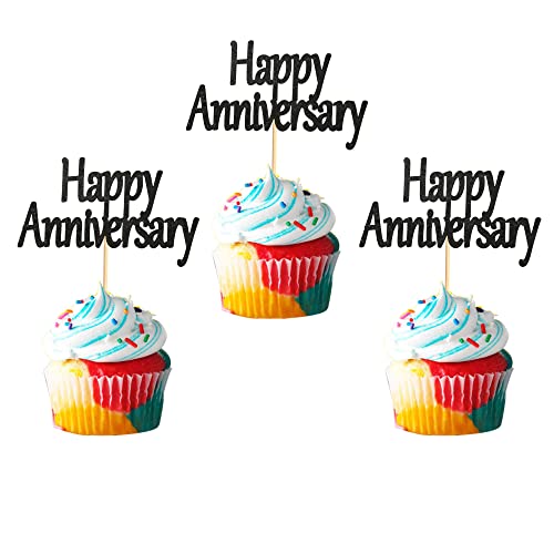 Arthsdite 24Pcs Happy Anniversary Cupcake Toppers Black Glitter Anniversary Cupcake Picks Baby Shower Birthday Wedding Anniversary Party Cake Decorations Supplies #TOP18
