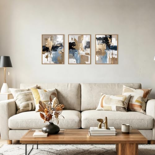 Image of KAIRNE Blue and Gold Abstract Framed Canvas Wall Art Set,Minimalist Brush Strokes Wall Decor,Modern Textured Art Prints,Neutral Brown Black Artwork for Living Room,Bedroom,Farmhouse,Office-12 x16 x3