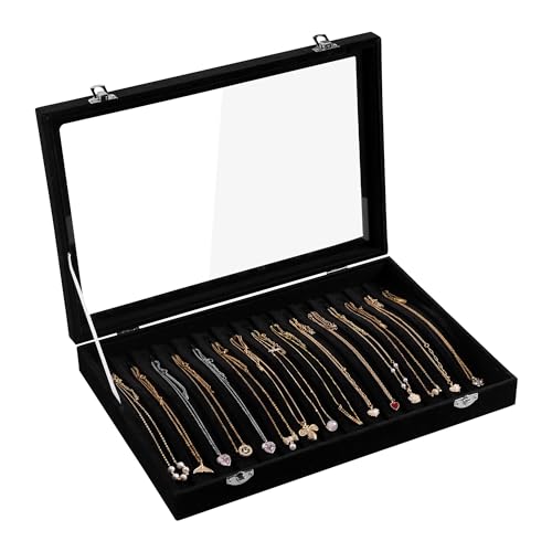 Frebeauty 15 Hooks Necklace Tray Velvet Neckalce Organizer with Clear Lid Lockable Necklace Holder Box Jewelry Organizer for Pendants Chains Necklace Jeweley Tray for Women Girls(Black) by Frebeauty - Used condition - US$11.00