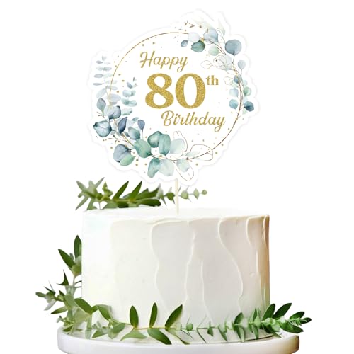 BOOMTOP Torten Deko 80 Geburtstag Happy 80th Birthday Eukalyptus Alles Gute zum Geburtstag 80 Jahre Gold Tortendeko Cake Topper Kuchen Topper Kuchendeko 80 Geburstagstorte Deko Männer Frauen