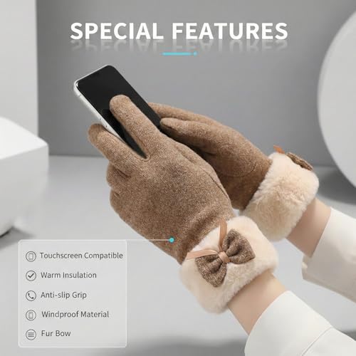 Image of Kraptick Women's Winter Woolen Gloves - Premium Thermal Fleece Lined Touchscreen Hand Warmer Gloves for Cold Weather, Cycling & Driving Soft Fur Cable Knit Elastic Mittens (Free Size, Purple Bow)-6