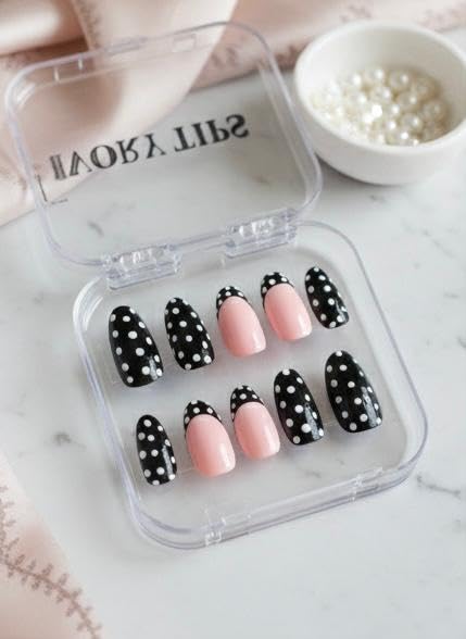 IVORY TIPS Black & Pink Polka Dot Press On Nails Handmade Reusable Nail Extensions Cute Drip Design Artificial Fake Nails Set for Women-image-4
