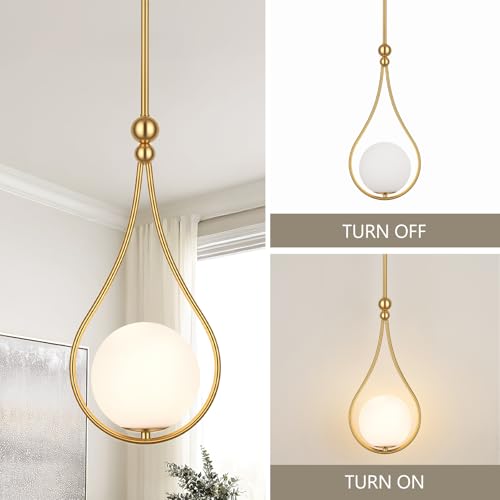 Image of Gold Pendant Lights Kitchen Island with Milky White Globe Glass, 1 Pack | Mid Century Adjustable Hanging Pendant Light Fixtures