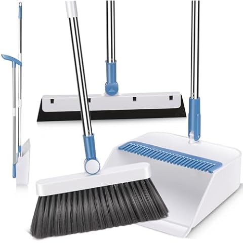 Broom and Dustpan Set,Masthome Long Handle Broom and Dustpan Set,Squeegee Broom and Brooms for Sweeping Indoor Set,Broom with Stand Up Dustpan Combo Set for Home, Office, Lobby (Blue+White) Cover