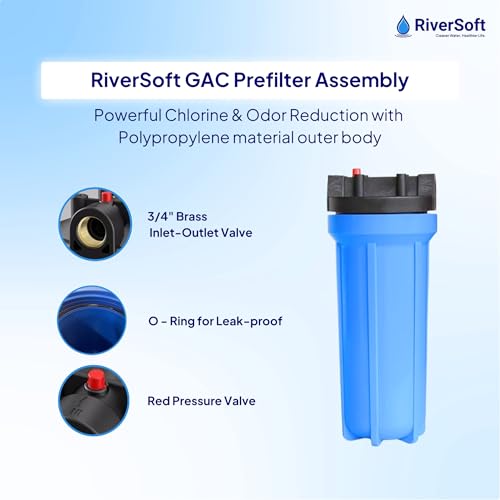 Image of RiverSoft Prefilter Assembly Granular with Activated Carbon (GAC) Filter with Housing - Reduces Chlorine, Odors. (3 /4 inch Inlet /Outlet, Blue, PP)