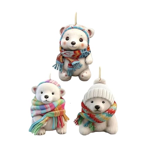 Oxtxuzdm 3 Stück Eisbär-Anhänger aus Kunstharz für Weihnachtsbaumschmuck, Tierfiguren, hängende Ornamente, Partyzubehör, Eisbär mit Schal, Acryl-Anhänger