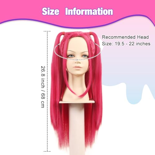 FantaLook Long Straight Hot Pink Cosplay Wig with 2 Ponytails for Halloween Party Costume（Small Size）4