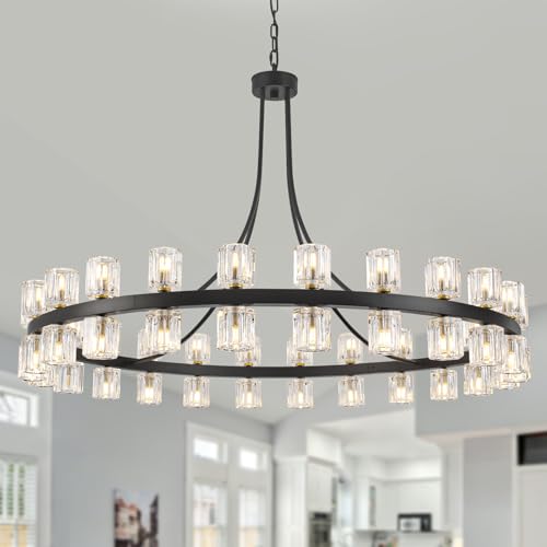WBinDX 48 Inch Round Crystal Chandelier Modern Large Wagon Wheel Chandelier