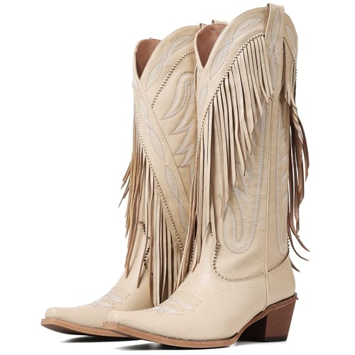 Mattiventon Cowboy Boots for Women Fringe Knee High Cowgirl Western Boots with Classic Embroidery Pointed Toe Chunky Heel for Weddings Parties2