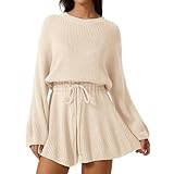Meyeeka Fall Sweaters for Women Crewneck Long Balloon Sleeve Sweater Romper Fall Beige M