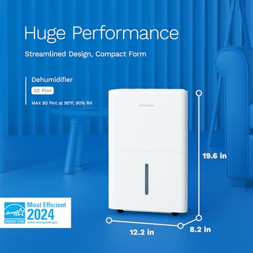 Image of hOmeLabs Dehumidifier 4,500 Sq Ft 32 Pint (MAX 80 Pint at 95F, 90% RH) | WIFI + Upgraded Advanced Humidity & Moisture Control, Quiet, Efficient, Auto Shut-off, Ideal for Home, Basement, Office