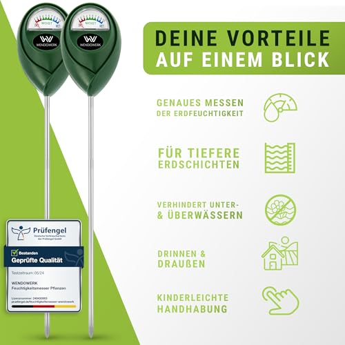 WENDOWERK® [2 Stück Extra Langer Boden Feuchtigkeitsmesser für Pflanzen 40CM [Grün/Grün] - Ohne Batterien - Verbessertes Feuchtigkeitsmessgerät Pflanzen [2026] – Premium Bodentester