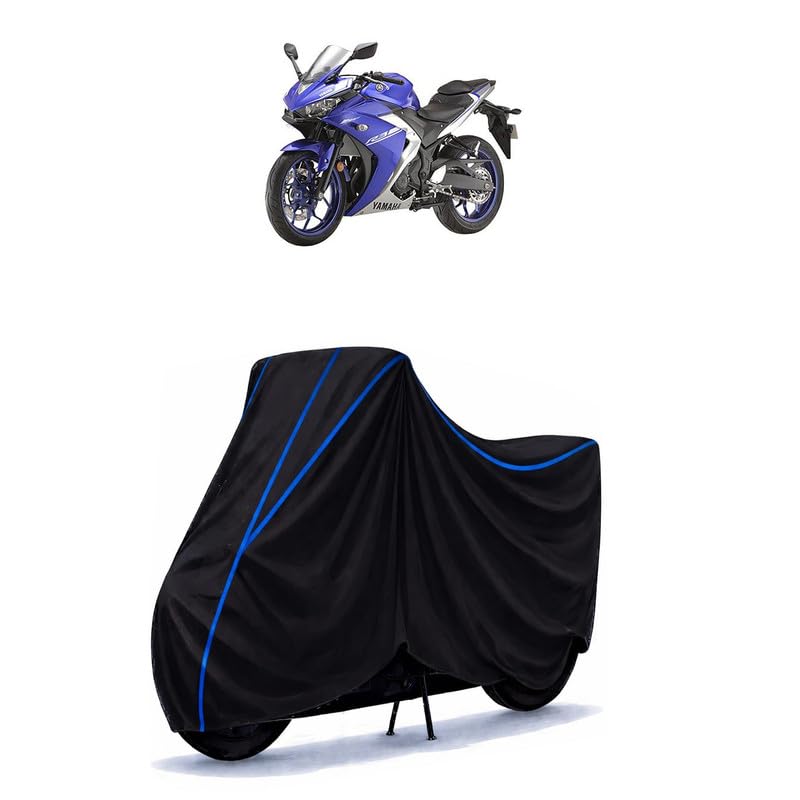 Image of YZF R3 Bike Cover Water Resistant Universal Motorcycle Rain | Heavy Duty UV Protection, Dust, Scratch Indoor Outdoor All Weather with Black Blue Piping Elastic