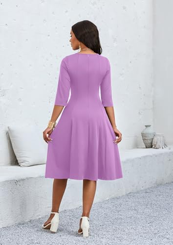 Image of CLOCOR Casual Midi Dresses for Women A-Line Fit and Flare Elegant Church 3 /4 Sleeve Crew Neck Dress with Pocket
