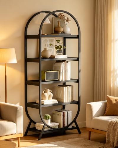 Kogven Bookshelf Arched Bookcase, Industrial 5 Tier Open Book Shelves with Metal Frame, 72' Tall Freestanding Display Rack for Home Office, Living Room, Black