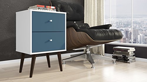 Manhattan Comfort Liberty Collection Mid Century Modern Nightstand With Two Drawers, Splayed Legs, White/Blue #TOP11