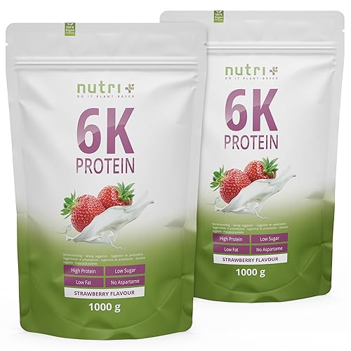 Nutri + Eiweißpulver Erdbeere 2 kg - 6k-Proteinpulver mit Soja - Erbse - Mandel - Sonnenblume - zuckerfrei + kalorienarm - Eiweißshake Erdbeer 2000 g