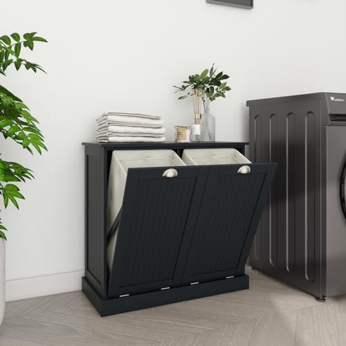 Locsear Tilt Out Laundry Hamper Cabinet with Removable Basket, Double Hidden Laundry Hamper Cabinet, Wood Bathroom Storage Cabinet, Free Standing Home Organizer, (Black) - Thumbnail 5