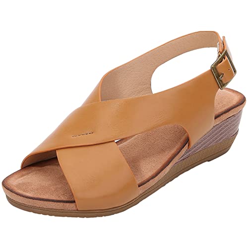 Image of rismart Women Low Wedge Sandals Criss Cross Heeled Open Toe Summer Shoes Camel,5.5