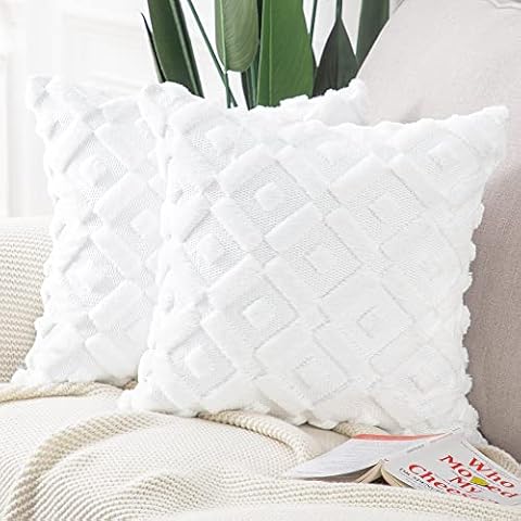 Madizz Pack of 2 Soft Plush Short Wool Velvet Decorative Cushion Covers Luxury Style Throw Pillow Cases Pillow Shell for Sofa Bedroom Square White 18x18 inch Cover
