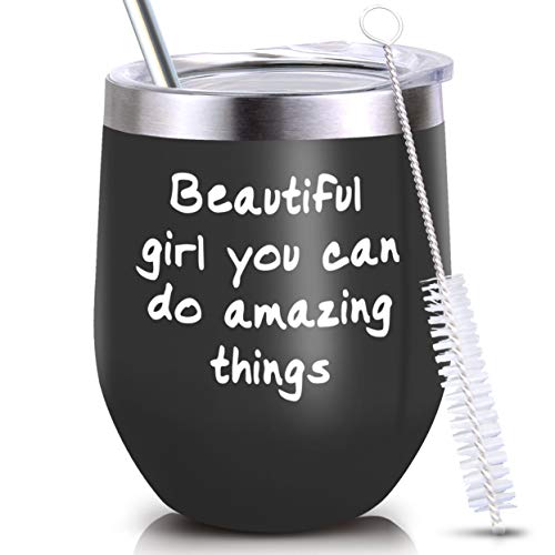 Tumbler Inspiration Birthday Gift for Teenage Girls Sister Daughter Women Best Friend all Lady, 12 Oz Stemless Travel Cup Mug for Coffee Cocktails, Beautiful Girl You Can Do Amazing Things