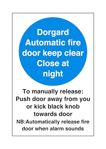 Image of automatic fire door keep clear close at night - safety sign, ppe, fire safety - High tack self-adhesive sticker (150mm x 100mm) Viewing Distance within 3m.