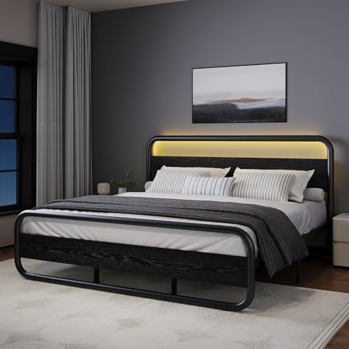 Image of King Size Bed Frame, Wood Headboard and Footboard, LED Lights, Black
