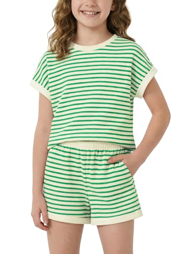 Image of Girls Summer Outfits Striped T-Shirt & Shorts Set for 5-14Y | Kids 2 Piece Clothing, Breathable Textured Tops and Bottoms with Pockets, Great for Casual Wear, School, Sports or Vacation
