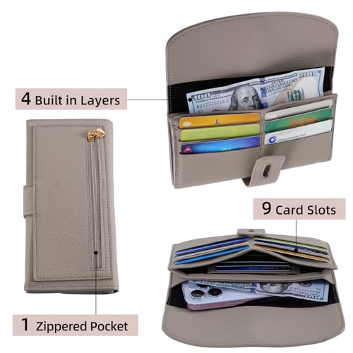 Long Wallet Women PU Leather Cash Wallets Womens Zipper Anti Theft Wallet Coin Purse Credit Card Holder with 14 Slots for Ladies Money Bag - Grey Brown3