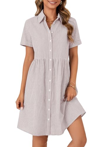 Image of Rooscier Women's Striped Shirt Dress Button Down Collared Short Sleeve Mini Dress