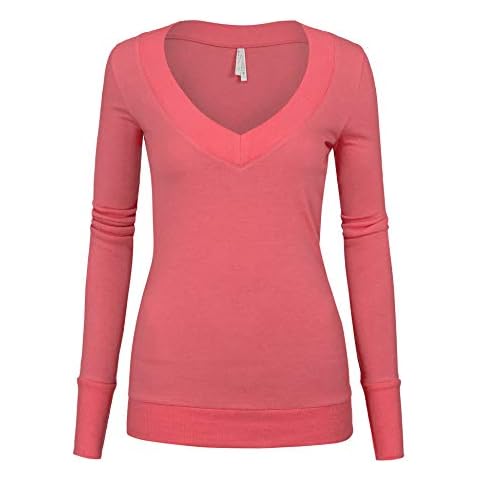 COLOR STORY Womens Junior Solid Multi Colors Slim Fit Long Sleeve Sweater V_Neck Top with Band Neckline (Coral, Large) Cover
