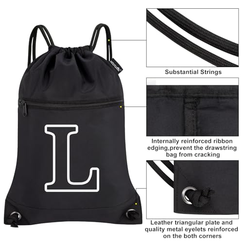 Image of HOLYLUCK Drawstring Bags Initial Backpack Sackpack Cinch Bags for Sports, Gym, Travel, Beach (Black-L)