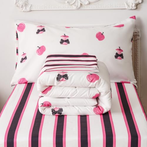 Image of KAREVER Stripes Toddler Bedding Set Pink Apple Print 4 Pieces Crib Bed Set Kids White Pink Striped Comforter Set
