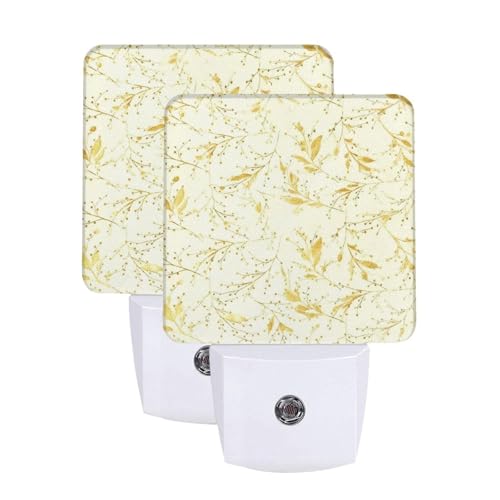 Image of Vintage Leaves Yellow Flowers Branches LED Plug-in Night Lamp 2 Piece Set, Auto Sensor Nightlights Set of 2 for Bedroom Bathroom