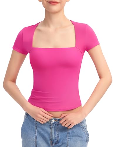 PUMIEY Women's Square Neck Tops Short Sleeve T Shirts for Women