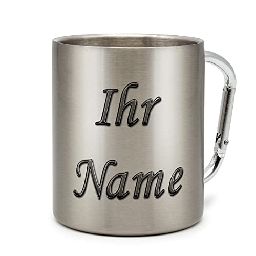 printplanet® - Edelstahltasse mit Karabinerhaken mit Namen Bedrucken - Namenstasse selbst gestalten - Motiv Chrom-Schriftzug Cover