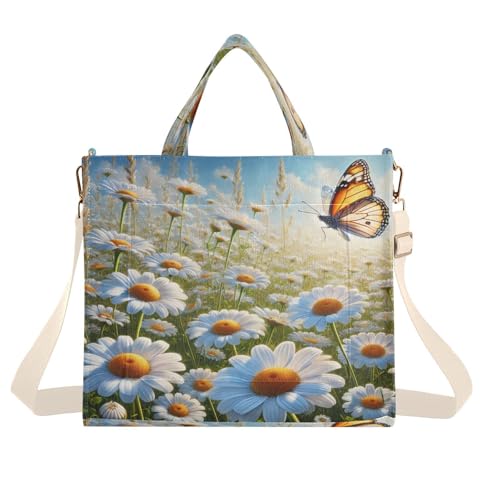 Emelivor White Daisies Butterfly Tote Bag for Women Large Corduroy Canvas Tote Bag Teacher Crossbody Bag for Travel S