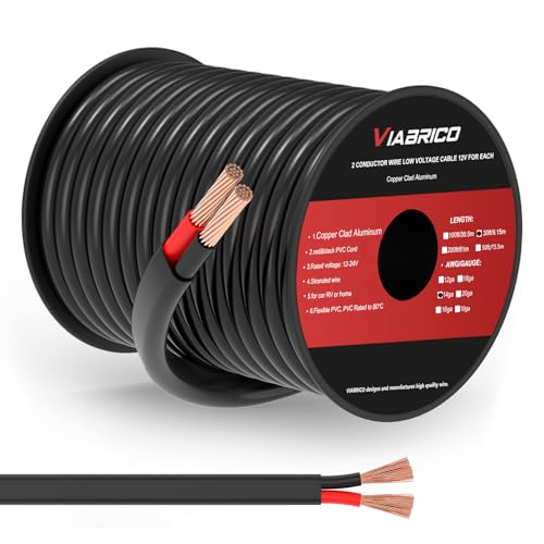 VIABRICO 14 Gauge 2 Conductor Electrical Wire 14 AWG 2.08mm PVC Cord 12V/24V DC Low Voltage/Copper-clad Aluminum(CCA) Flexible/2 Wire for Automotive LED Strips Lamp Lighting Marine(9.2M/30FT)
