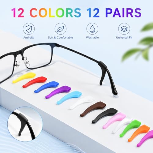Image of BendJoy 12 Pieces Eyeglass Ear Grips, 12 Colors Silicone Glasses Accessories with Anti Slip Ear Hooks and Soft Ear Cushions, Eye Glass Holder for Sports Running Daily Wear and Secure Fit, Spects Gripper for Men Women and Kids