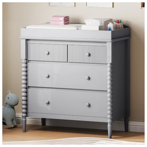 Image of JOINICE Grey Nursery Dresser with Changing Table, 4 Drawers for Storage | Jenny Lind Spindle Style Dresser and Removable Baby Changing Station Combo for Kids Bedroom, Anti-Tip Kit for Safety
