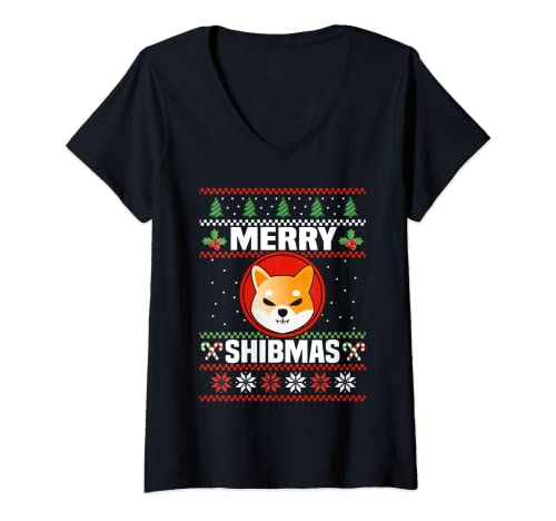 Mujer Feliz Shibmas a la luna Crypto Feo Navidad Meme Camiseta Cuello V