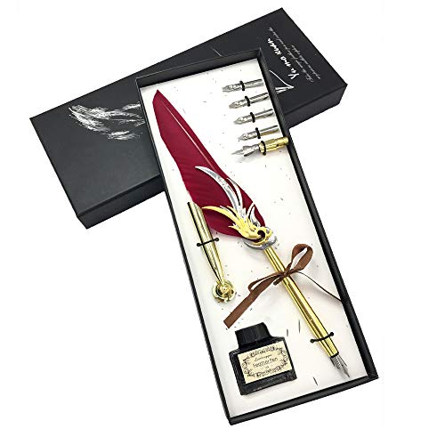 Refillable fountain pen set,Feather Calligraphy Pen set,Feather Pen Calligraphy Writing Quill Pen Dip Pen,Dapeng spreads its wings,Calligraphy Pen Pen Holder Ink Set,Decent and high-end Gift.(Red)