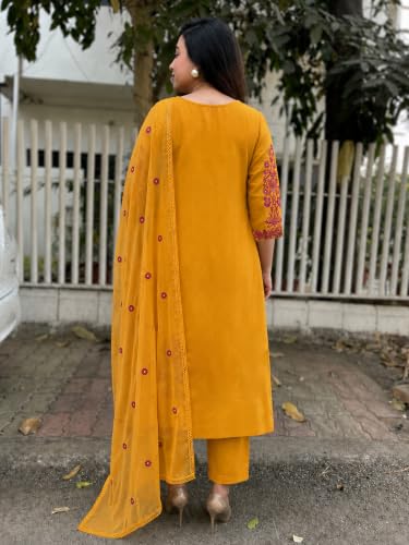 Image of GoSriKi Kurta Sets for Women Viscose Embroidered | Kurta Pant Dupatta Set | Straight Kurti Set for Women | Round Neck 3 /4 Sleeve Ethnic Suit | Designer Indian Kurti Outfit with Pants