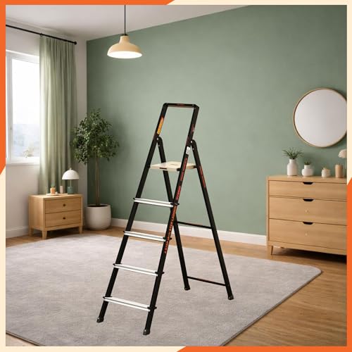 Image of Prime Magnus 5-Step Hybrid Step Ladder | Steel Frame + Aluminium Steps | Heavy Duty Ladder for Home | Anti-Skid Platform | 150 KG Load Capacity | 5 Year Warranty | Made in India | Black & Silver
